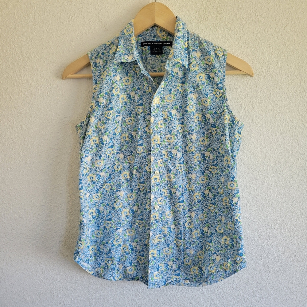 Ralph Lauren Polo Sport Blue Floral Preppy Sleeveless Cotton Button-Down Size M